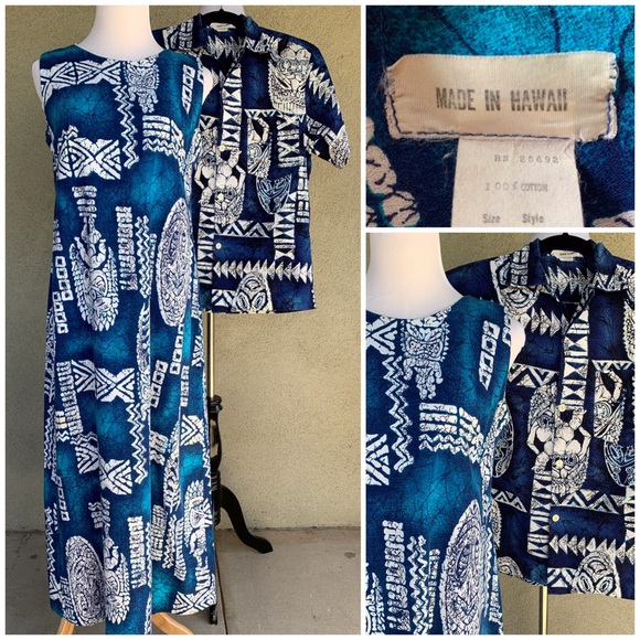 🌺 Vintage Hawaiian Barkcloth Dress & Shirt Set Tikis - Picture 2 of 16